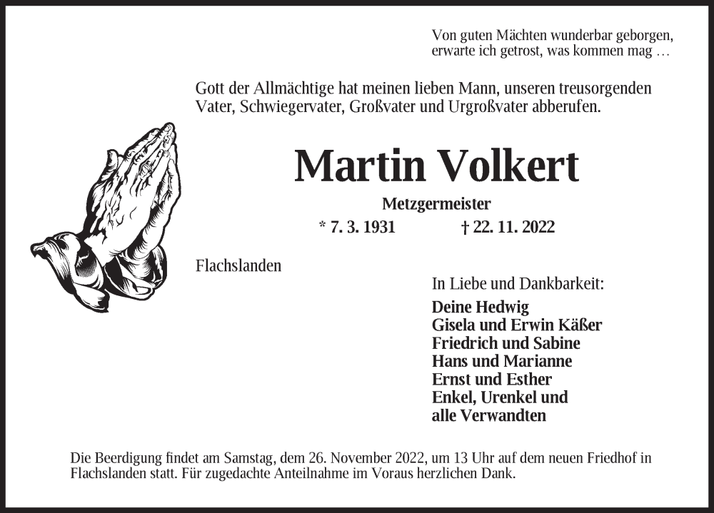  Traueranzeige für Martin Volkert vom 24.11.2022 aus Ansbach