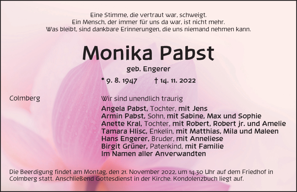  Traueranzeige für Monika Pabst vom 18.11.2022 aus Ansbach