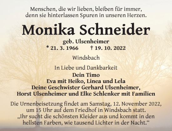 Traueranzeige von Monika Schneider von Ansbach