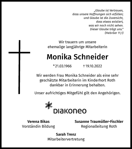 Traueranzeige von Monika Schneider von Ansbach