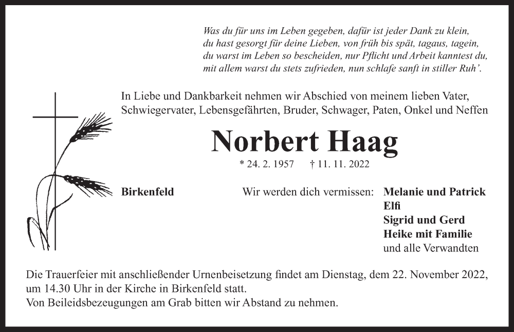 Traueranzeige für Norbert Haag vom 16.11.2022 aus Neustadt/ Scheinfeld/ Uffenheim