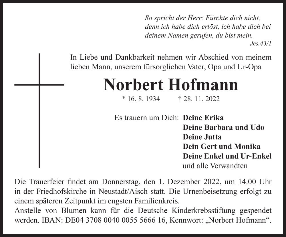 Traueranzeige für Norbert Hofmann vom 30.11.2022 aus Neustadt/ Scheinfeld/ Uffenheim