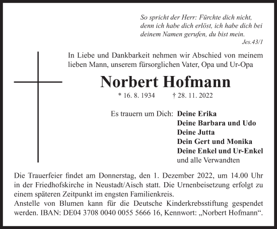 Traueranzeige von Norbert Hofmann von Neustadt/ Scheinfeld/ Uffenheim