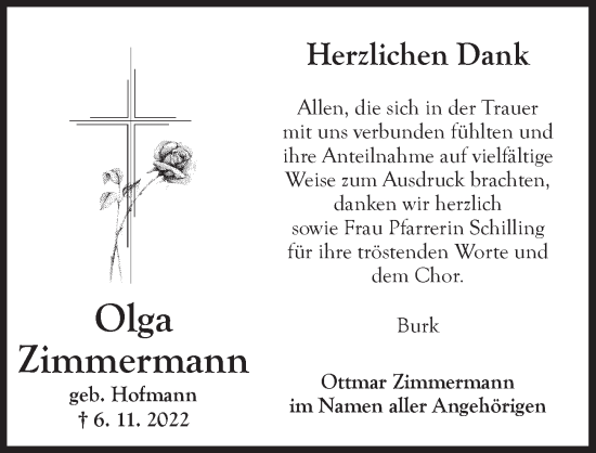 Traueranzeige von Olga Zimmermann von Dinkelsbühl/ Feuchtwangen