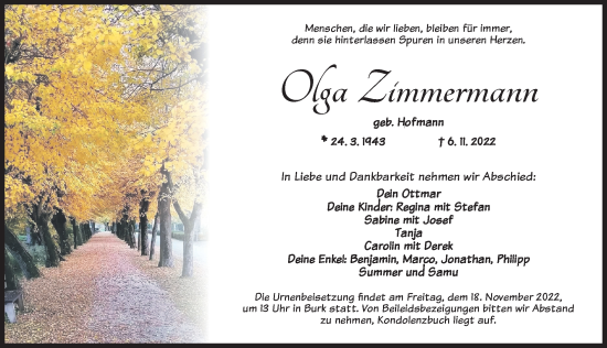 Traueranzeige von Olga Zimmermann von Dinkelsbühl/ Feuchtwangen