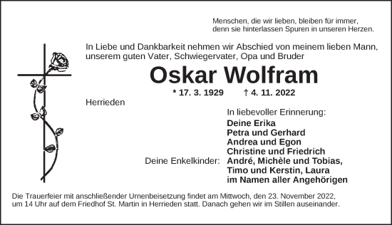 Traueranzeige von Oskar Wolfram von Dinkelsbühl/ Feuchtwangen