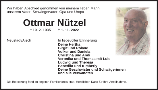 Traueranzeige von Ottmar Nützel von Neustadt/ Scheinfeld/ Uffenheim