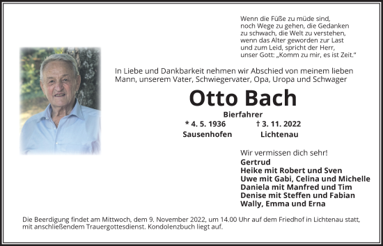 Traueranzeige von Otto Bach von Ansbach