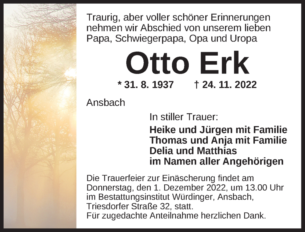  Traueranzeige für Otto Erk vom 29.11.2022 aus Ansbach