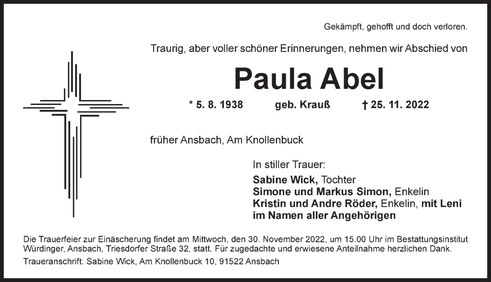  Traueranzeige für Paula Abel vom 26.11.2022 aus Ansbach