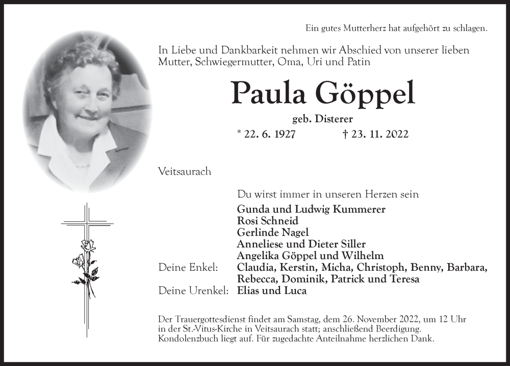  Traueranzeige für Paula Göppel vom 24.11.2022 aus Ansbach