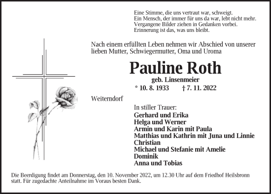 Traueranzeige von Pauline Roth von Ansbach