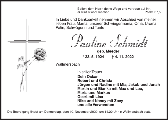 Traueranzeige von Pauline Schmidt von Neustadt/ Scheinfeld/ Uffenheim