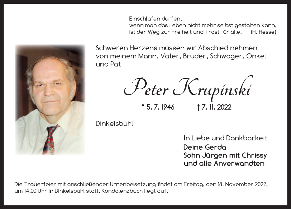  Traueranzeige für Peter Krupinski vom 16.11.2022 aus Dinkelsbühl/ Feuchtwangen