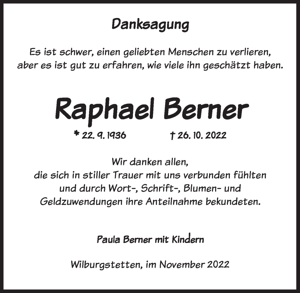  Traueranzeige für Raphael Berner vom 12.11.2022 aus Dinkelsbühl/ Feuchtwangen