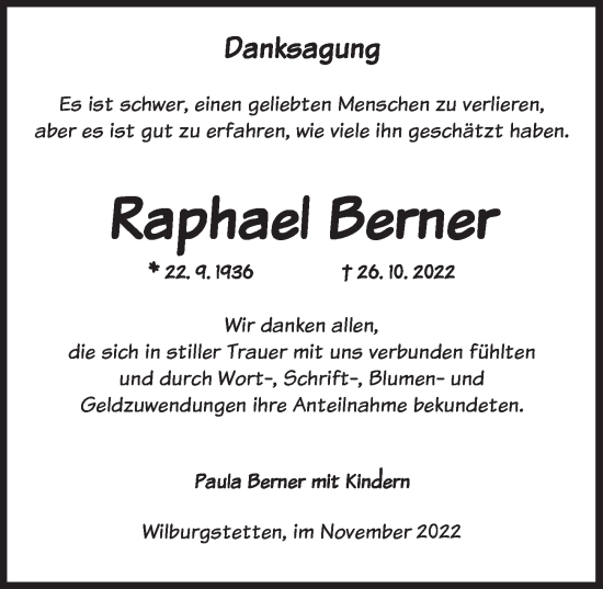 Traueranzeige von Raphael Berner von Dinkelsbühl/ Feuchtwangen