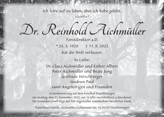 Traueranzeige von Reinhold Aichmüller von Dinkelsbühl/ Feuchtwangen