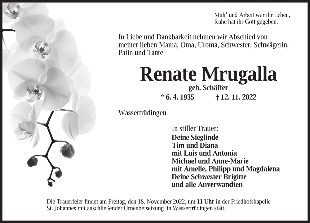  Traueranzeige für Renate Mrugalla vom 16.11.2022 aus Dinkelsbühl/ Feuchtwangen