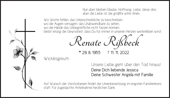 Traueranzeige von Renate Rißbeck von Ansbach