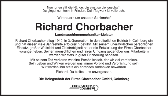 Traueranzeige von Richard Chorbacher von Ansbach