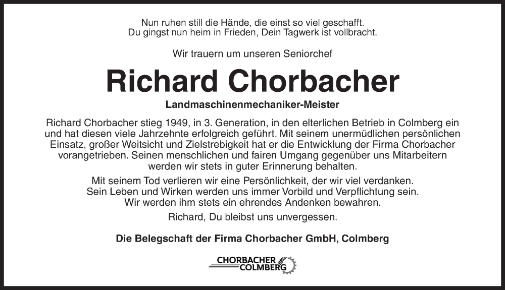  Traueranzeige für Richard Chorbacher vom 30.11.2022 aus Ansbach