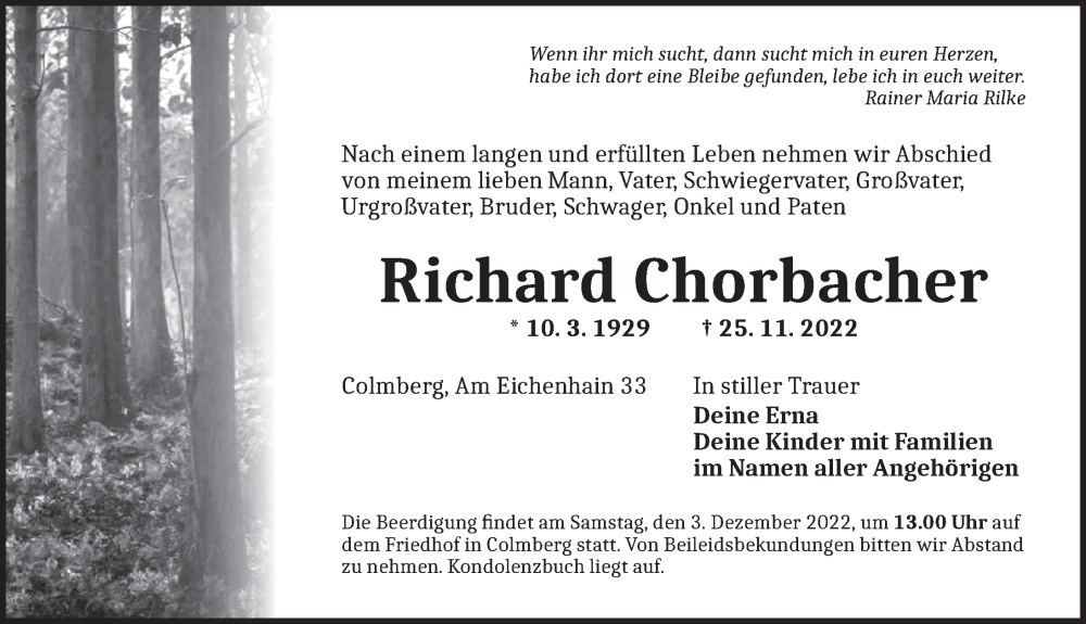  Traueranzeige für Richard Chorbacher vom 29.11.2022 aus GE