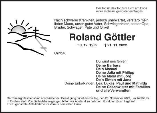 Traueranzeige von Roland Göttler von Ansbach