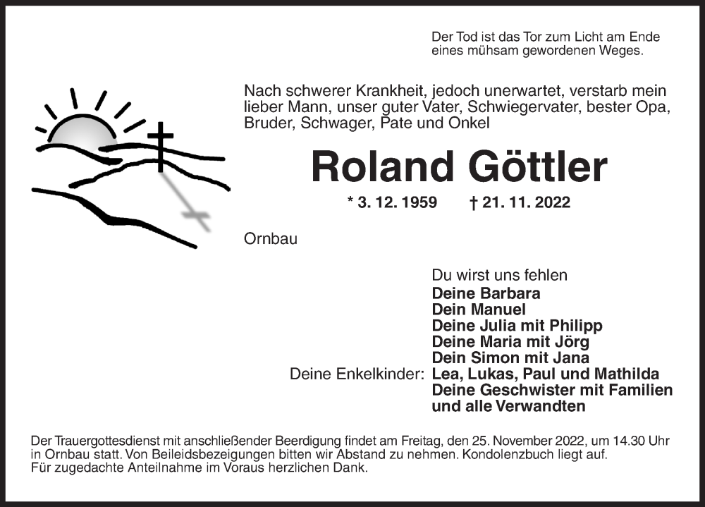  Traueranzeige für Roland Göttler vom 24.11.2022 aus Ansbach