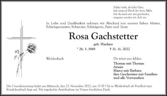 Traueranzeige von Rosa Gachstetter von Ansbach