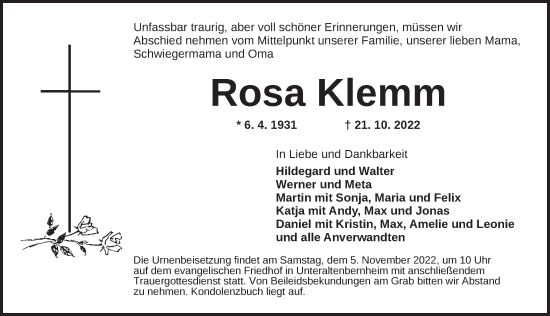 Traueranzeige von Rosa Klemm von Neustadt/ Scheinfeld/ Uffenheim