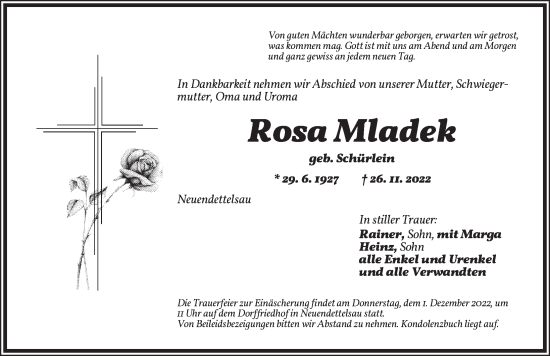 Traueranzeige von Rosa Mladek von Ansbach