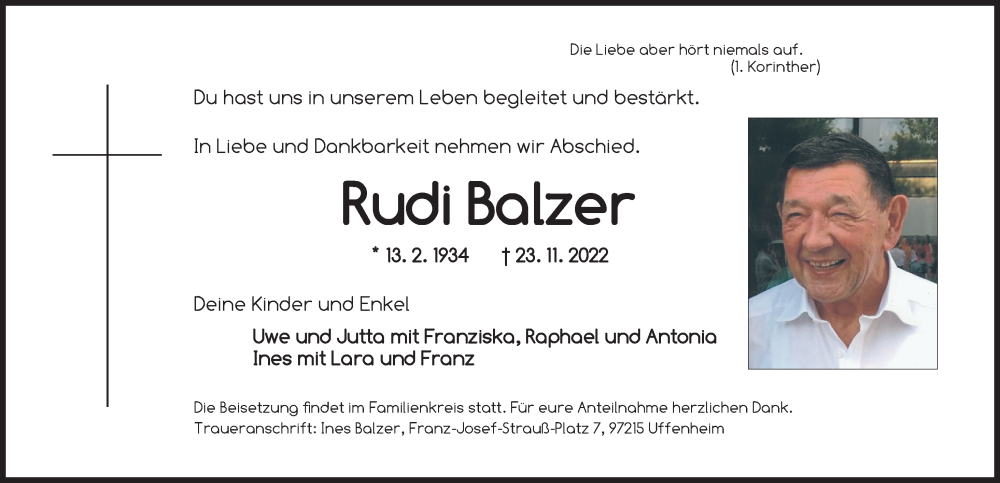  Traueranzeige für Rudi Balzer vom 26.11.2022 aus Neustadt/ Scheinfeld/ Uffenheim