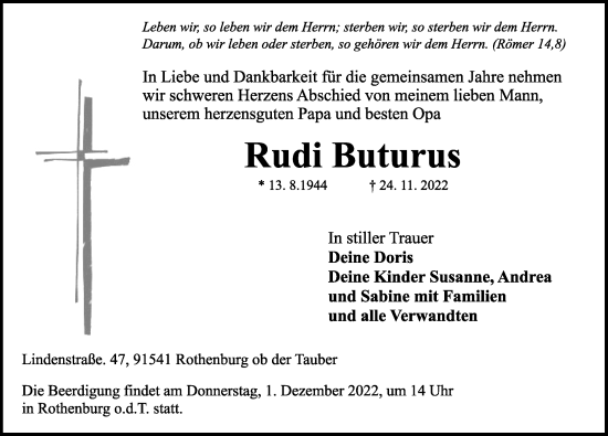 Traueranzeige von Rudi Buturus von Rothenburg