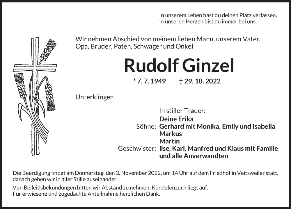  Traueranzeige für Rudolf Ginzel vom 01.11.2022 aus Dinkelsbühl/ Feuchtwangen