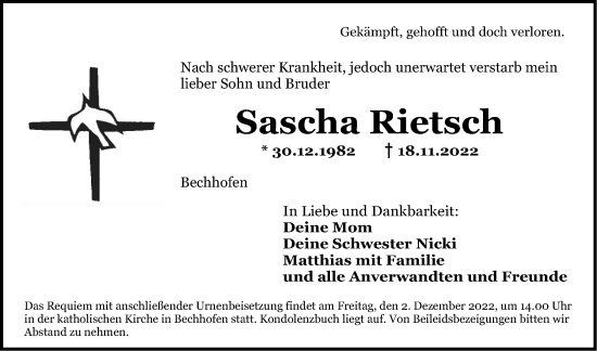 Traueranzeige von Sascha Rietsch von Dinkelsbühl/ Feuchtwangen