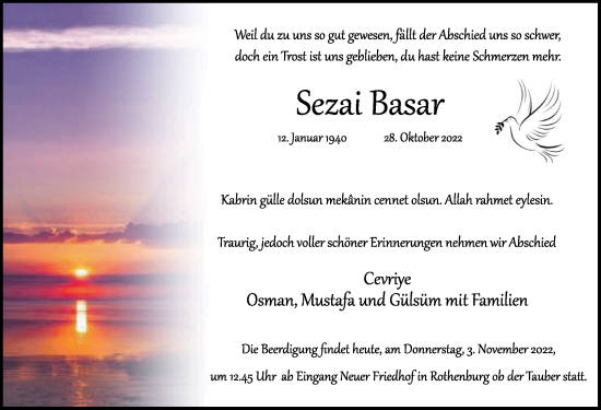 Traueranzeige von Sezai Basar von Rothenburg