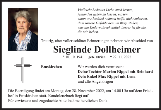 Traueranzeige von Sieglinde Dollheimer von Neustadt/ Scheinfeld/ Uffenheim