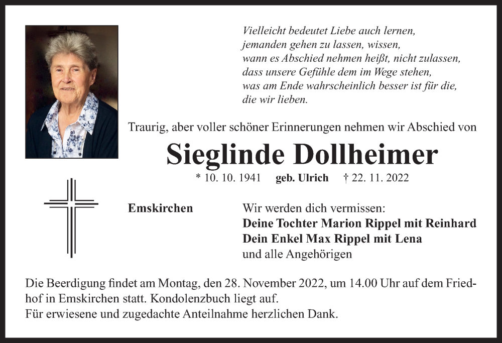  Traueranzeige für Sieglinde Dollheimer vom 26.11.2022 aus Neustadt/ Scheinfeld/ Uffenheim