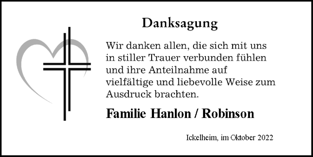  Traueranzeige für Stanley Hanlon vom 01.11.2022 aus Neustadt/ Scheinfeld/ Uffenheim