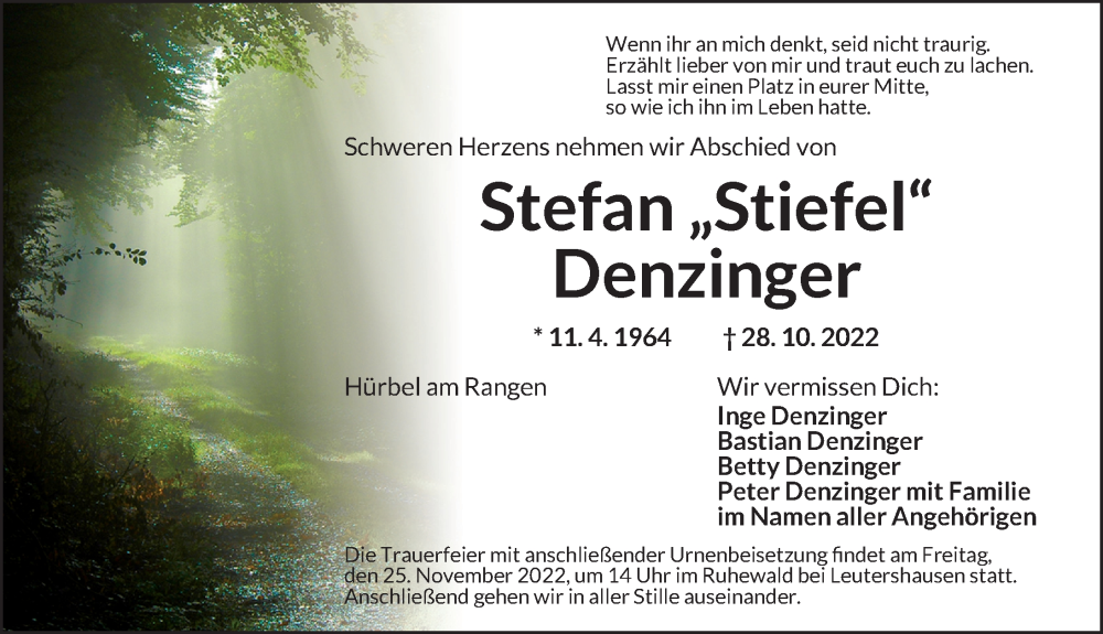  Traueranzeige für Stefan Denzinger vom 11.11.2022 aus Ansbach