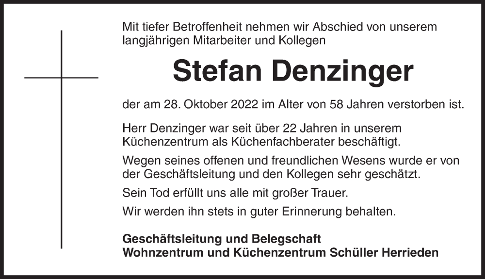  Traueranzeige für Stefan Denzinger vom 16.11.2022 aus Ansbach