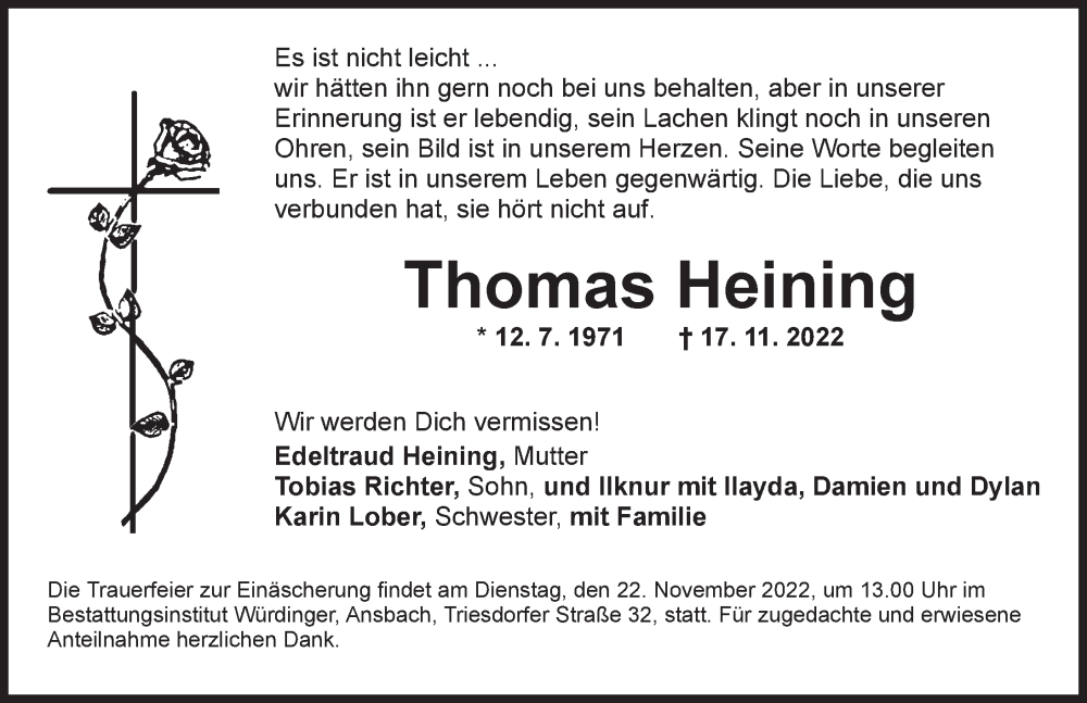  Traueranzeige für Thomas Heining vom 19.11.2022 aus Ansbach