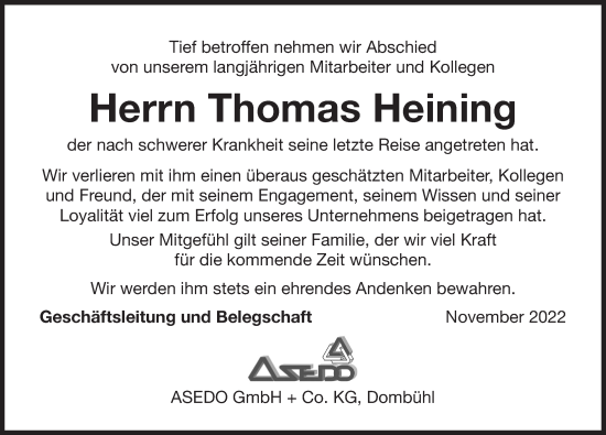 Traueranzeige von Thomas Heining von Ansbach