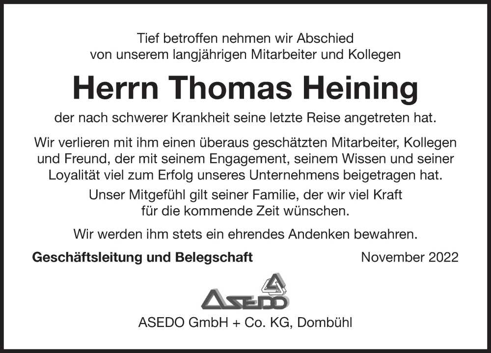  Traueranzeige für Thomas Heining vom 22.11.2022 aus Ansbach