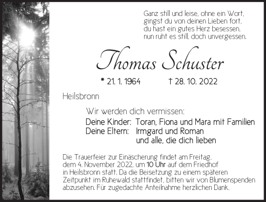 Traueranzeige von Thomas Schuster von Ansbach