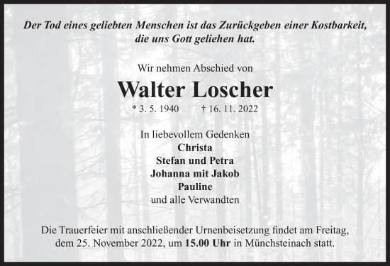 Traueranzeige von Walter Loscher von Neustadt/ Scheinfeld/ Uffenheim