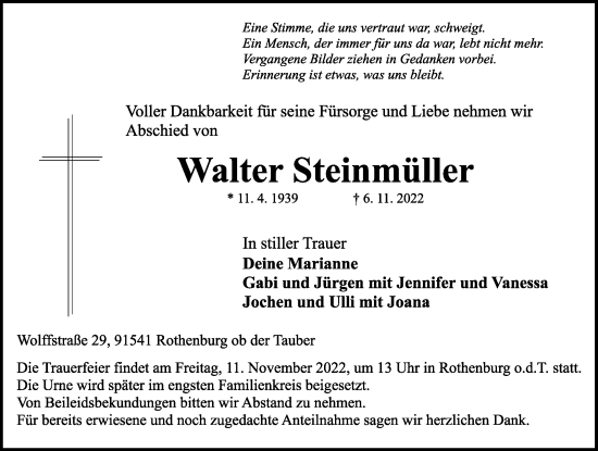 Traueranzeige von Walter Steinmüller von Rothenburg