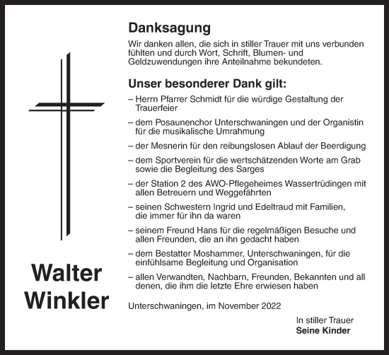 Traueranzeige von Walter Winkler von Dinkelsbühl/ Feuchtwangen