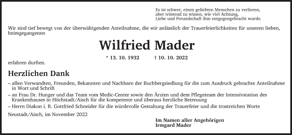  Traueranzeige für Wilfried Mader vom 05.11.2022 aus Neustadt/ Scheinfeld/ Uffenheim