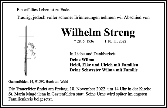 Traueranzeige von Wilhelm Streng von Rothenburg